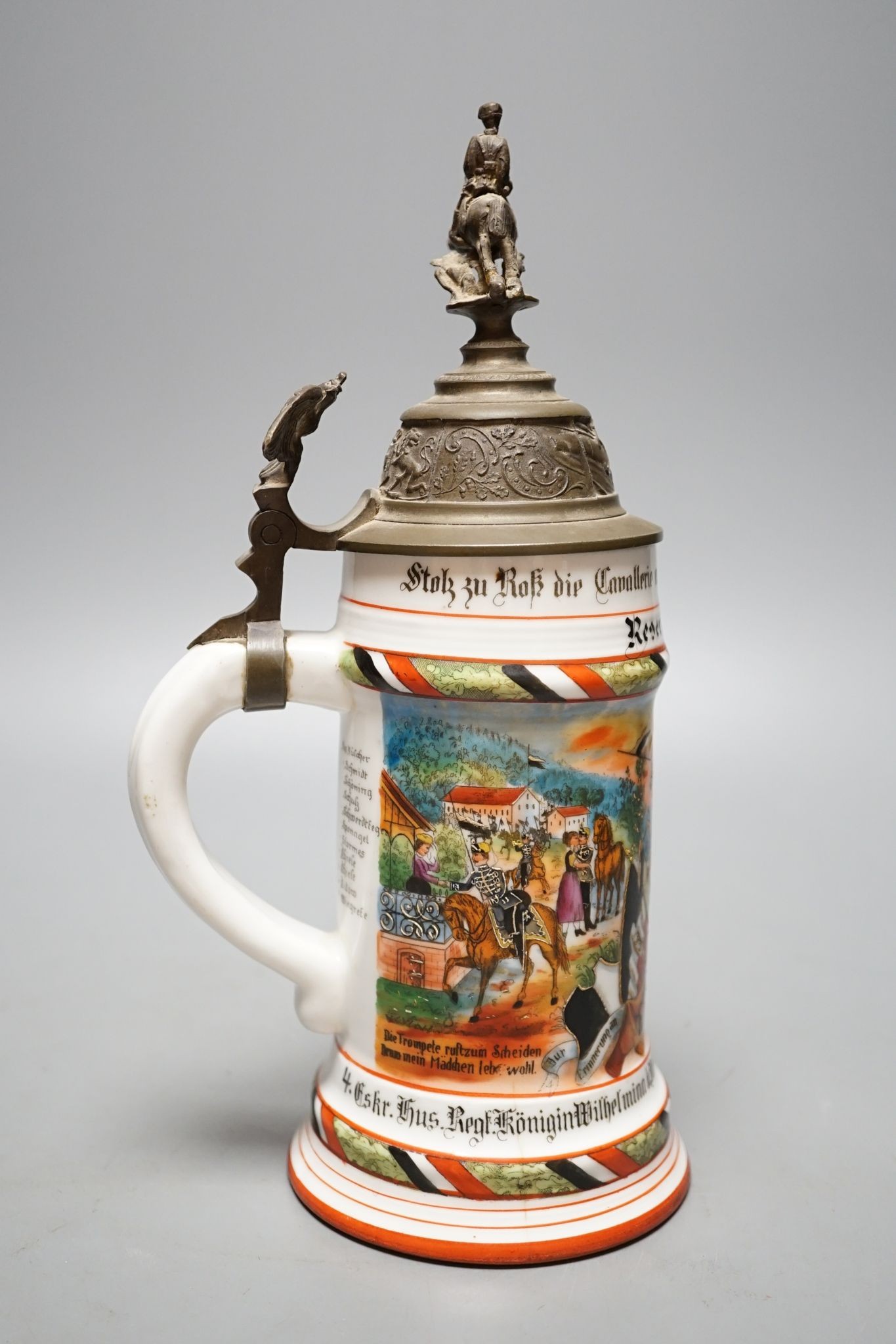 An Imperial German Prussian Reservist commemorative stein, half litre capacity, named to Kulcher, 29 cms high.